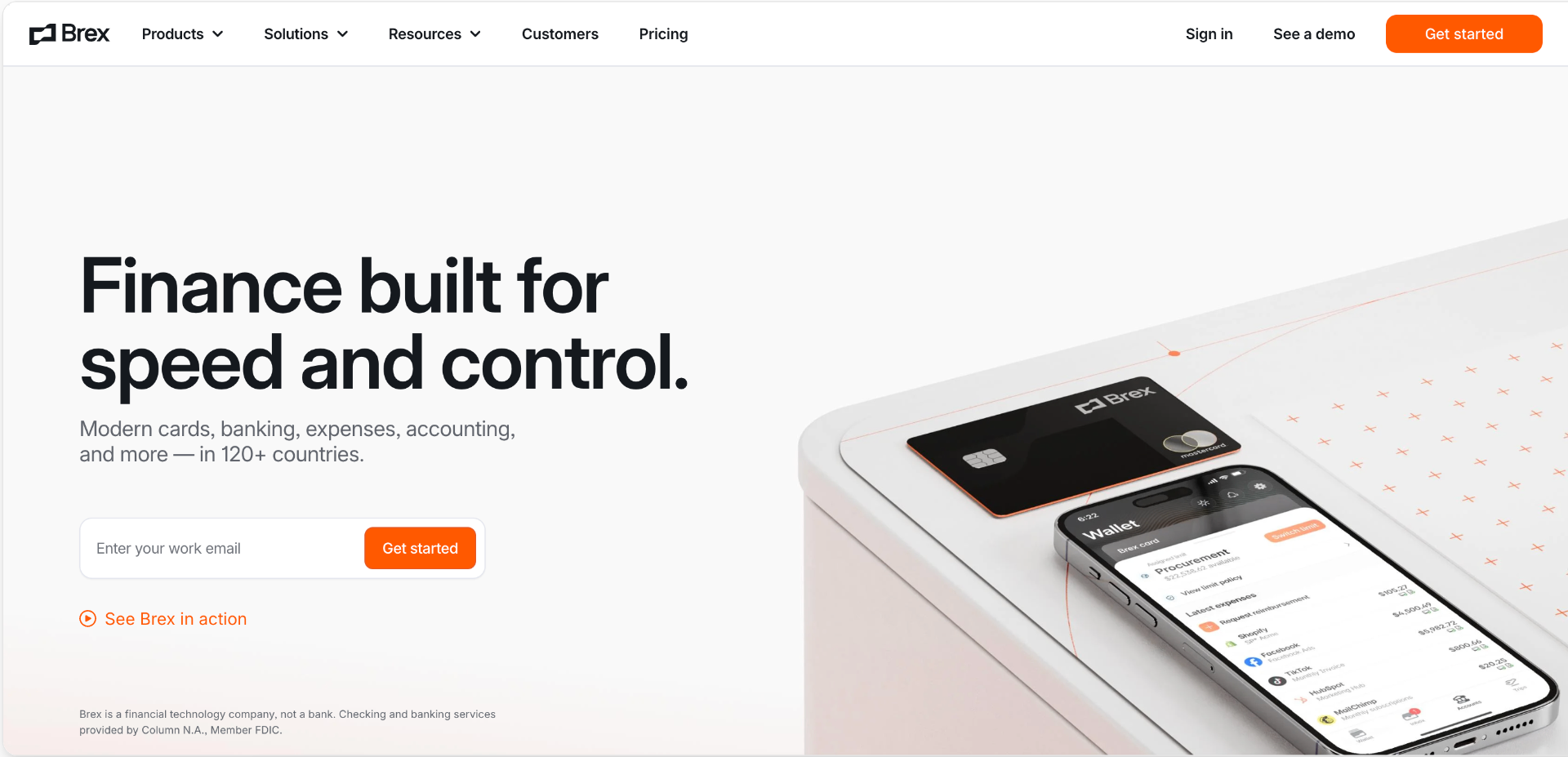 Brex generic hero with headline 'Finance built for speed and control.'